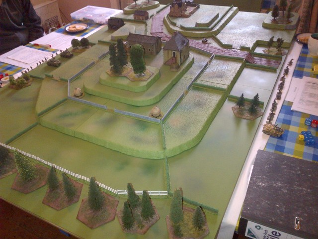 The table Evan had set up- the Shermans set up in the walled farm and their reinforcements entered on the far edge.